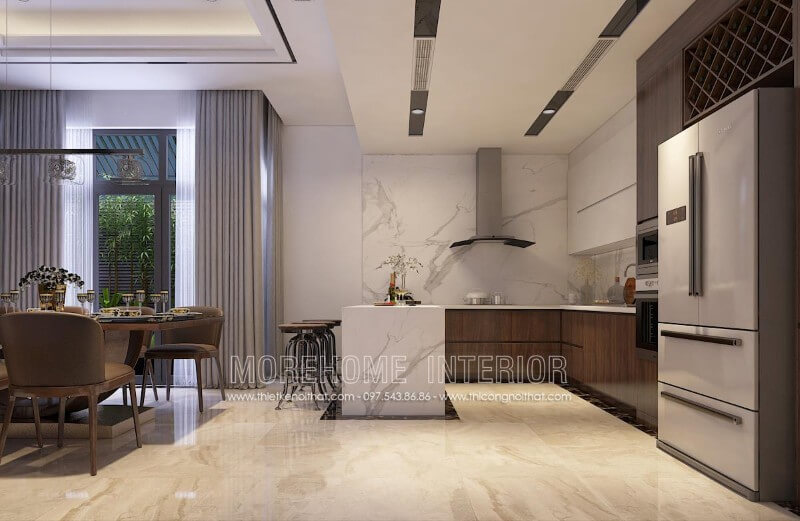 Mẫu tủ bếp đẹp hiện đại, đơn giản, không quá cầu kì vào các chi tiết, phần mặt tủ bếp được ốp đá nhân tạo sang trọng mà vô cùng sạch sẽ Thiết kế và sản xuất tủ bếp đẹp