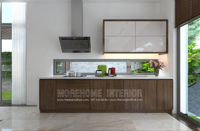 Thiết kế tủ bếp gỗ nhập khẩu kết hợp Acrylic là sự lựa chọn lý tưởng cho các không gian nhỏ khiến căn bếp biệt thự như rộng thoáng hơn so với thực tế mà vẫn toát lên vẻ sang trọng, đẳng cấp Thiết kế và sản xuất tủ bếp đẹp