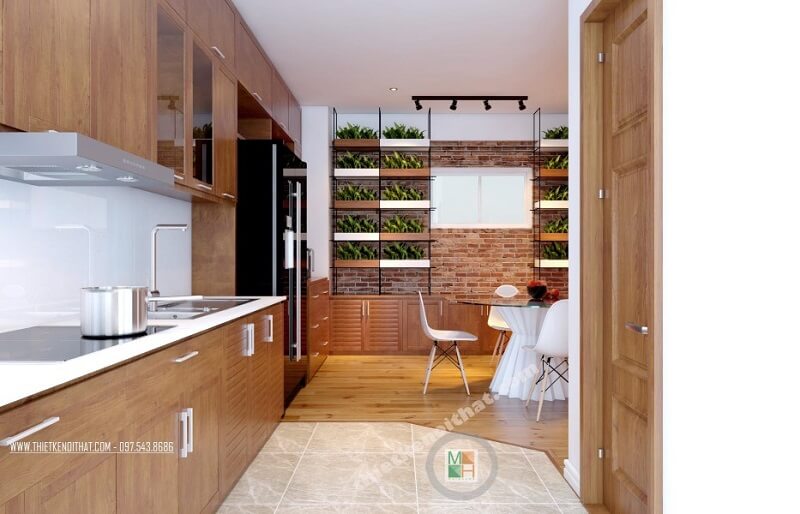 Mẫu thiết kế nội thất phòng bếp chung cư cao cấp tiện nghi với đồ nội thất gỗ hiện đại cao cấp và tận dụng tối đa ánh sáng tự nhiên Thiết kế nhà bếp đẹp