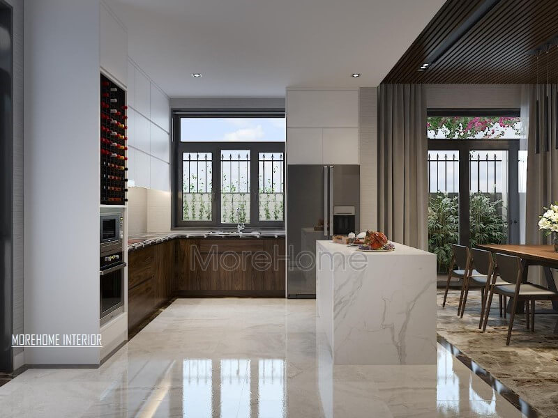 Thiết kế nội thất phòng bếp hiện đại, đẹp, thông thoáng nhưng độc lập phòng ăn bởi cách bố trí khéo léo từ bàn đảo bếp. Thiết kế nhà bếp đẹp