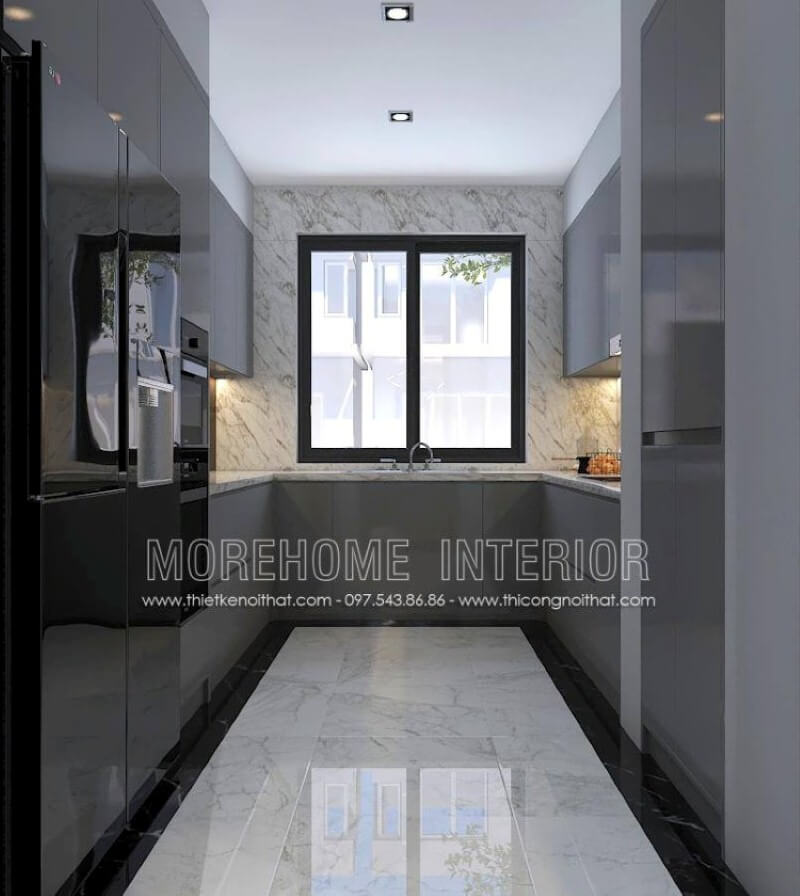 Thiết kế phòng bếp với tủ bếp hình chữ U màu xám là một ý tưởng sử dụng tối đa diện tích và có thể lưu trữ những vật dụng phát sinh cần thiết trong sinh hoạt gia đình phù hợp với mọi không gian hiện đại từ chung cư, nhà phố, biệt thự. Thiết kế tủ bếp chung cư