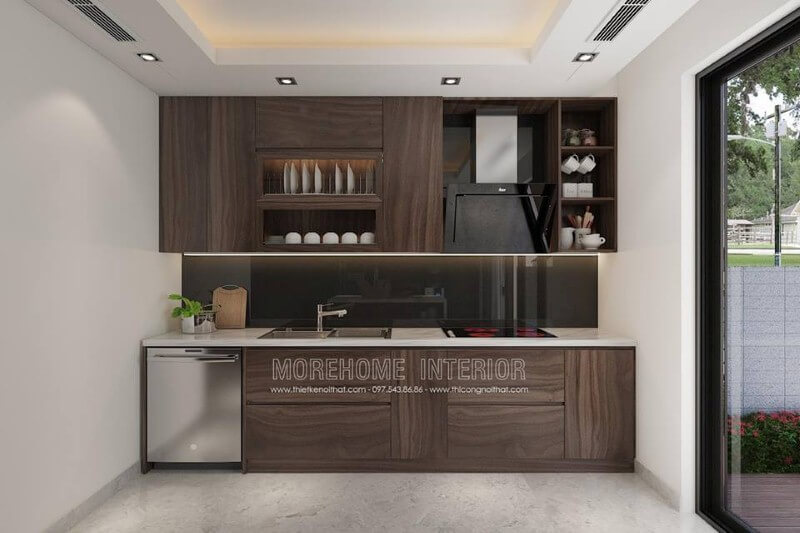 Tủ bếp gỗ công nghiệp chữ i hiện đại đẹp với cách bố trí khoa học từ vị trí để máy rửa bát, bếp từ, bồn rửa, máy hút bụi. Thiết kế tủ bếp chung cư