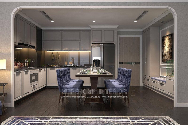 Tủ bếp gỗ công nghiệp sơn trắng với đường nét tân cổ điển đẹp mắt mẫu tủ bếp gỗ công nghiệp An Cường