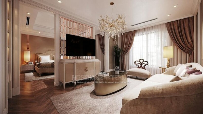 Sắp xếp nội thất phòng ngủ master có không gian giải trí đẹp, sang trọng. Thiết kế nội thất phòng ngủ biệt thự