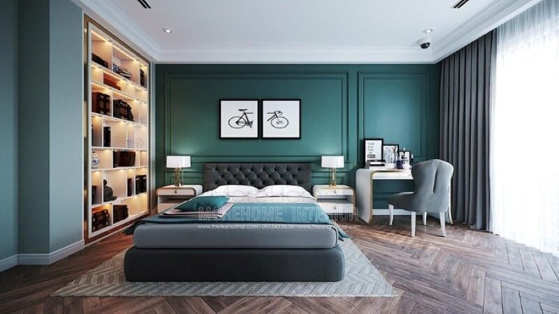 Bộ 2 tranh in canvas hình xe đẹp đẹp tạo điểm nhấn sinh động cho phòng ngủ sắc xanh nổi bật. Thiết kế nội thất phòng ngủ biệt thự