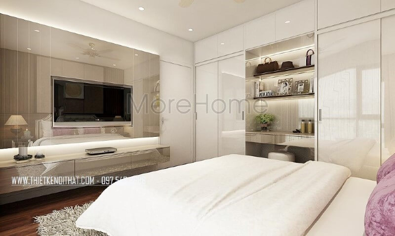 Kệ trang trí gỗ công nghiệp nhưng đẹp, sang trọng lựa chọn ấn tượng cho phòng ngủ vợ chồng hiện đại. Thiết kế nội thất phòng ngủ biệt thự