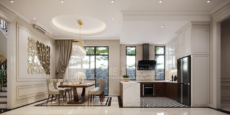 Thiết kế nội thất phòng ăn liền phòng bếp đẹp, sang trọng theo phong cách đương đại. Thiết kế phòng bếp, tủ bếp đẹp