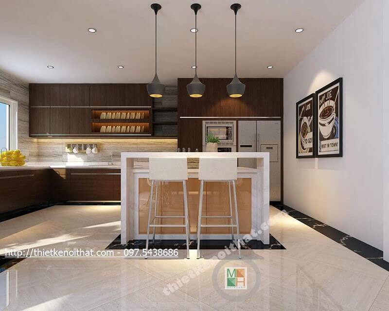 Mẫu tủ bếp gỗ công nghiệp màu nâu với thiết kế dài chữ L cho phòng bếp mang đến sự tiện nghi cho người nội trợ Thiết kế phòng bếp, tủ bếp đẹp