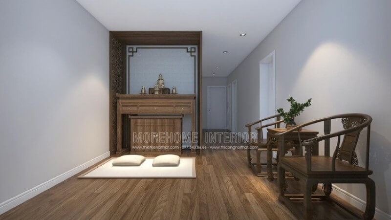 Bố trí phòng thờ đẹp với vách cnc khắc gỗ đẹp, sang trọng. Thiết kế chung cư