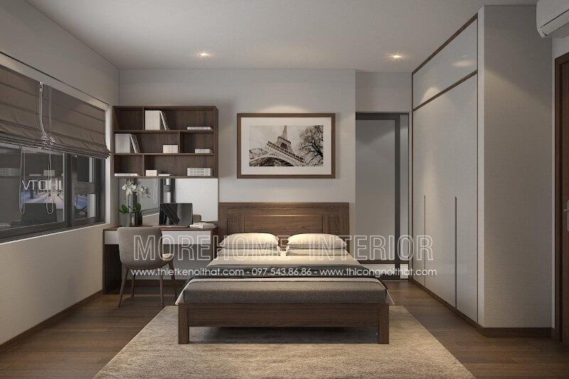 Nội thất giường ngủ được bố trí chính giữa tạo cảm giác cân bằng cho cả khu vực phòng ngủ