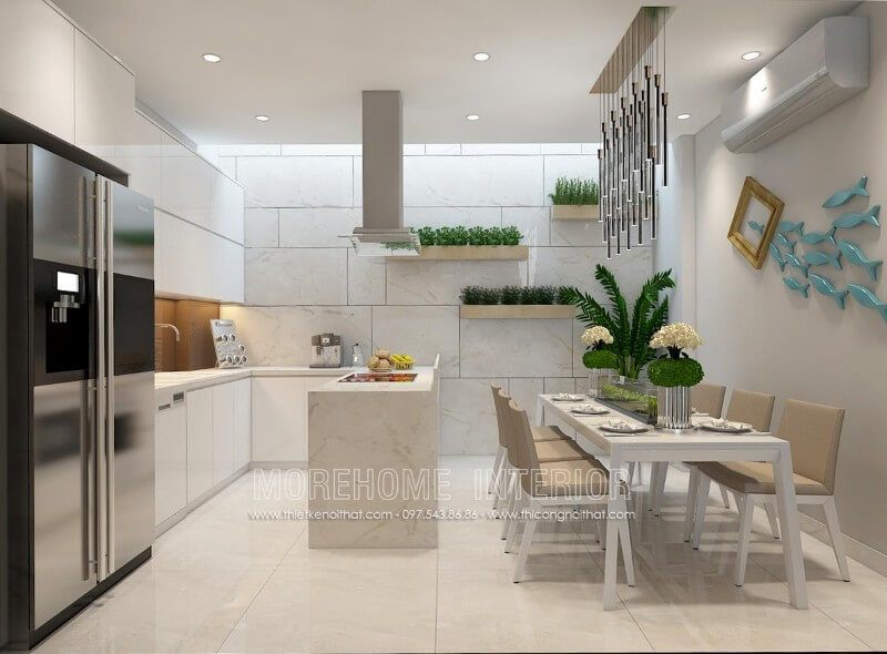 Mẫu tủ bếp gỗ Acrylic nhẹ nhàng kết hợp màu trắng chủ đạo mang lại không gian nhà bếp hiện đại và rộng rãi hơn