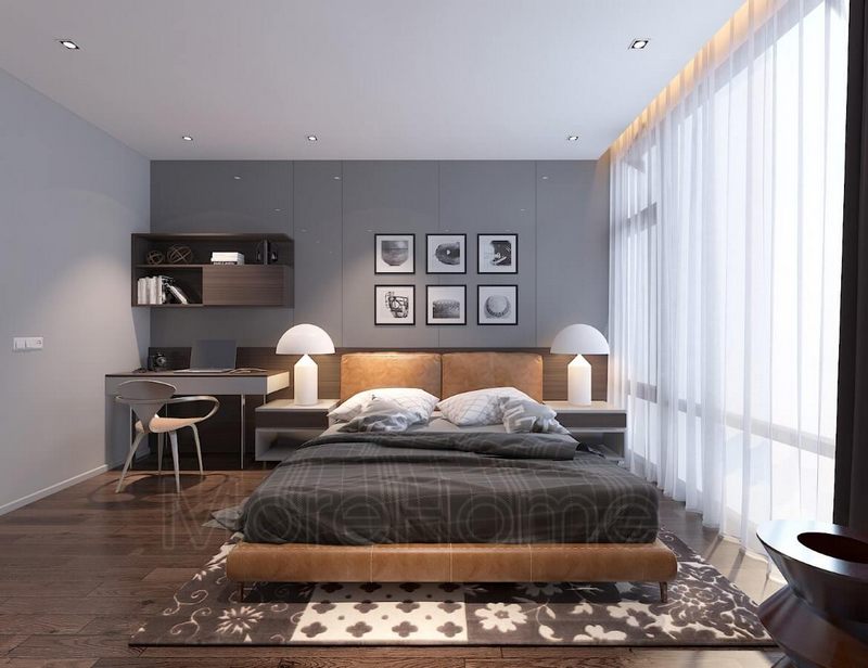 Bàn làm việc và giá sách với thiết kế đơn giản bằng gỗ công nghiệp laminate hiện đại, nhẹ nhàng