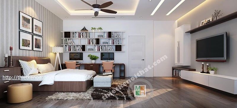 Bàn làm việc kết hợp kệ trang trí ấn tượng cho phòng ngủ