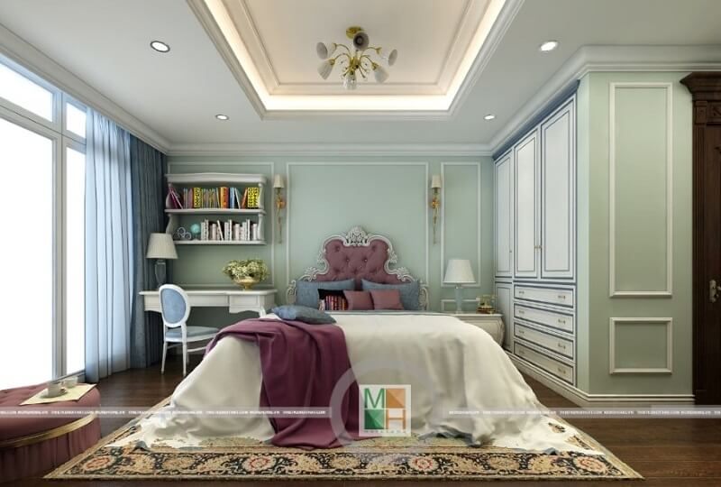 Thiết kế phòng ngủ chung cư tân cổ điển đẹp với đồ nội thất gỗ tự nhiên cao cấp mang đến vẻ đẹp sang trọng và đẳng cấp cho căn phòng