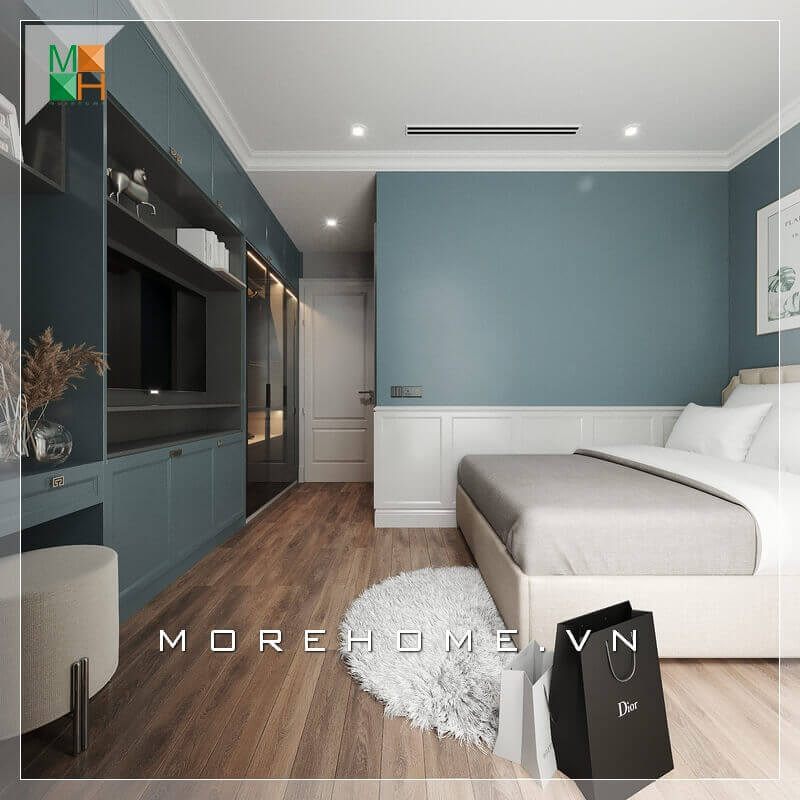 Phòng ngủ chung cư, nhà phố, biệt thự trở nên cá tính hơn nhờ sử dụng màu sắc sáng và nổi, sắc xanh lam của kệ TV và tủ để đồ tạo nên dấu ấn mạnh trong căn phòng ngủ trở nên đẹp mắt và rất cá tính.