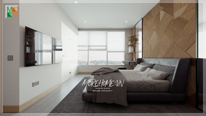 Giường ngủ mang phong cách thiết kế hiện đại tạo cảm giác êm ái, dễ chịu khi bước chân vào căn phòng.