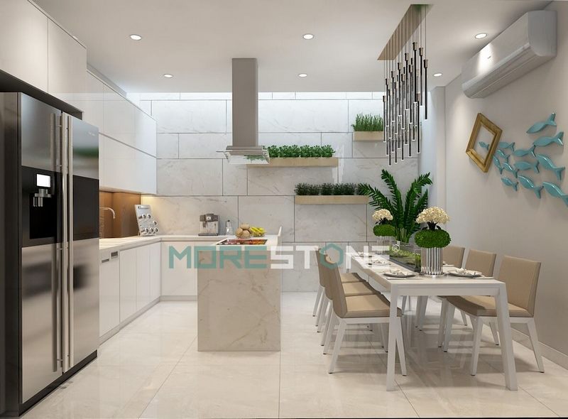 Gợi ý thiết kế độc đáo mẫu tủ bếp theo phong cách không gian mở, tối ưu hóa công năng kết hợp mặt đá bếp đẹp mắt