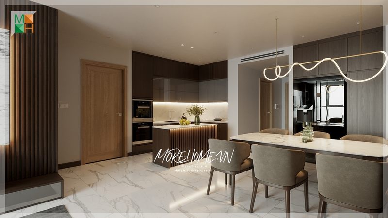 Phòng ăn liền bếp chung cư được xem là giải pháp hiệu quả cho không gian không được rộng nội thất trang trí hợp lí mang lại sự tiện nghi trong sử dụng và thẩm mỹ cao cho không gian