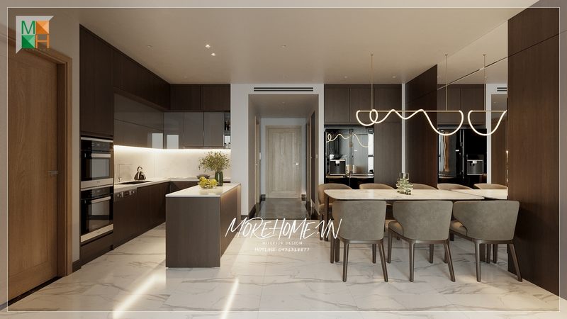 Trang trí phòng ăn liền bếp chung cư nội thất hiện đại phục vụ tốt cho quá trình sử dụng của gia chủ và tính thẩm mỹ cho không gian cao.