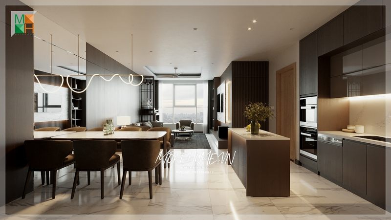 căn hộ trang trí phòng ăn liền phòng bếp mang phong cách hiện đại nội thất tiện nghi sử dụng thoải mái hằng ngày.