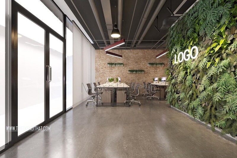 Mẫu thiết kế nội thất văn phòng hiện đại, độc đáo với bức tường cây xây, mang thiên nhiên hòa với không gian làm việc