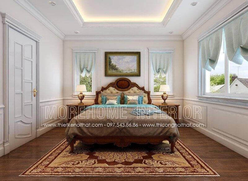 Mẫu giường ngủ gỗ óc chó tân cổ điển ấn tượng, gam màu nâu trầm mang lại sự ấm cúng và thoải mái cho gia chủ trong quá trình nghỉ ngơi